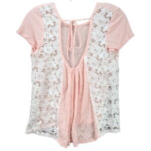 Delias Top Women Pink Lace Short Sleeve Floral Knit Sheer Cottagecore Boho Sz‎ M